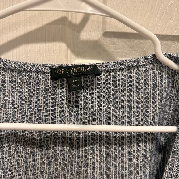 For‎ Cynthia Blue White Vertical Striped Linen Blend Lagenlook Tunic Top 2X - Picture 4 of 7